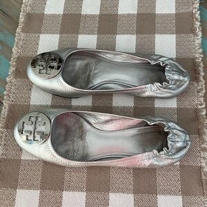 Tory Burch silver slippers